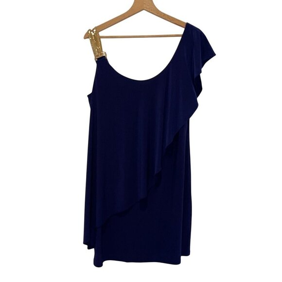 Betsy & Adam One-Shoulder Navy Blue Dress With Gold Sequin Strap size 14 - Picture 1 of 10